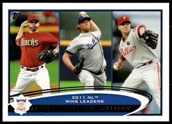 2012 Topps card featuring pitchers Ian Kennedy, Clayton Kershaw, and Roy Halladay #156.