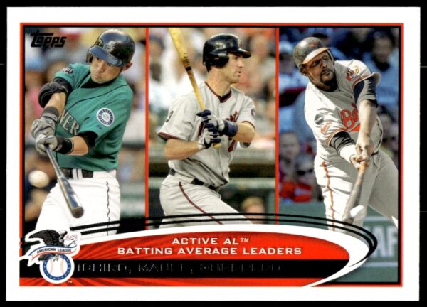 2012 Topps Baseball Card: Ichiro Suzuki, Joe Mauer, Vladimir Guerrero, #119 Front View.