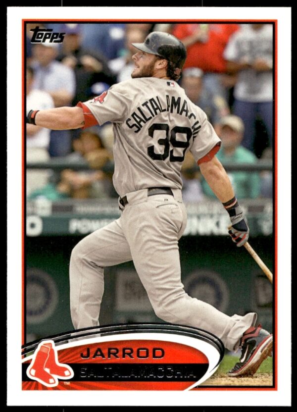 Jarrod Saltalamacchia 2012 Topps #137 baseball card showing Boston Red Sox catcher in action.