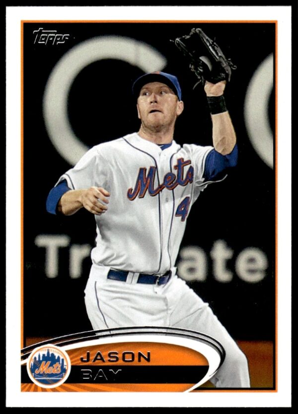 Jason Bay 2012 Topps Mets baseball card front featuring dynamic action shot.