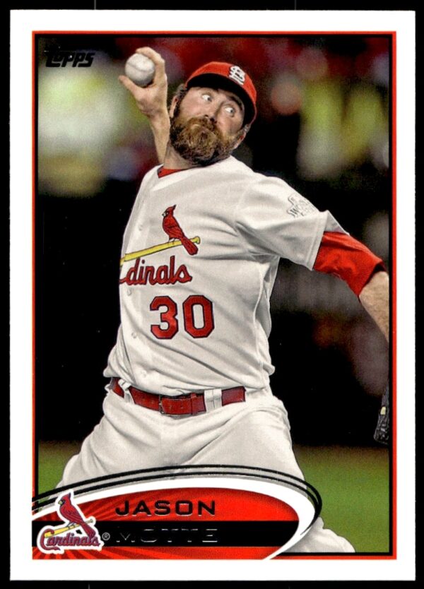 2012 Topps Jason Motte baseball card #434, action shot in Cardinals uniform.
