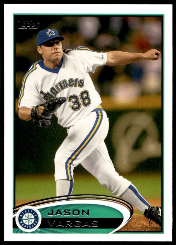 2012 Topps baseball card featuring Jason Vargas, Seattle Mariners pitcher, mid-pitch with blue sky.