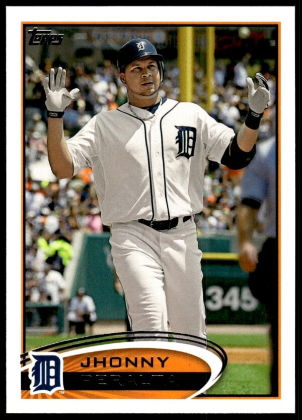 Jhonny Peralta 2012 Topps Baseball Card #54, Detroit Tigers action shot, front view.