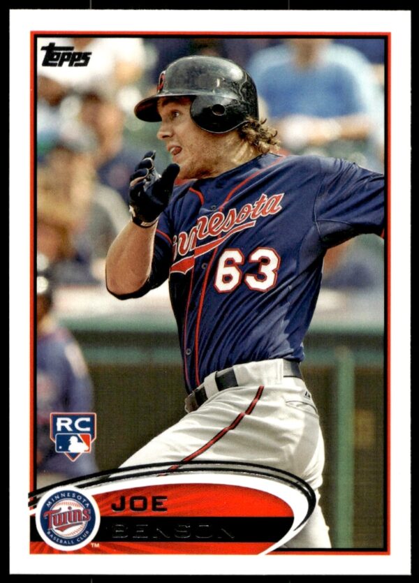 Joe Benson 2012 Topps Baseball Card #235 featuring dynamic outfield action in Twins uniform.