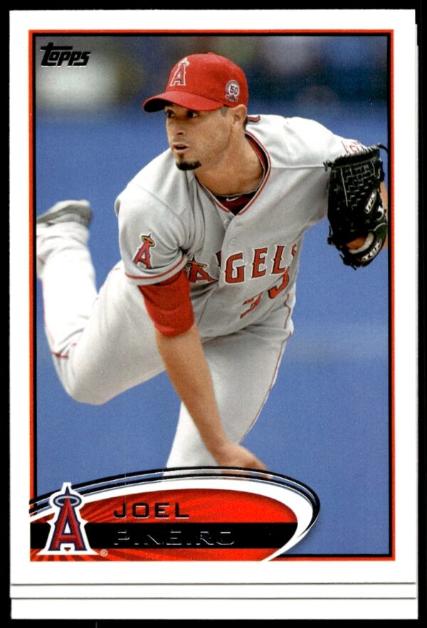 Joel Pineiro 2012 Topps Baseball Card #267, Los Angeles Angels, Mid-Pitch Action.