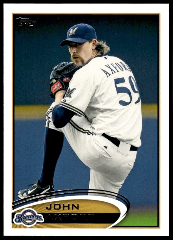 Front of 2012 Topps John Axford baseball card #294, Brewers pitcher in action.