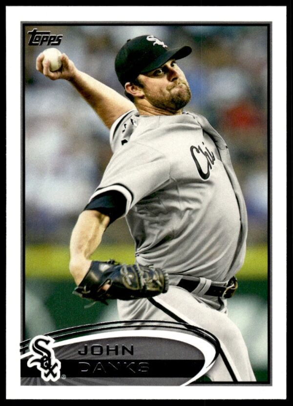 John Danks 2012 Topps Baseball Card #311, Chicago White Sox Pitcher, Mid-Pitch Action Shot.