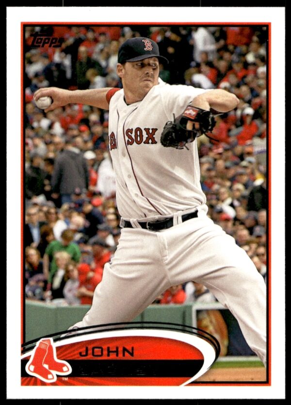 John Lackey 2012 Topps baseball card, Boston Red Sox pitcher mid-action, #328.