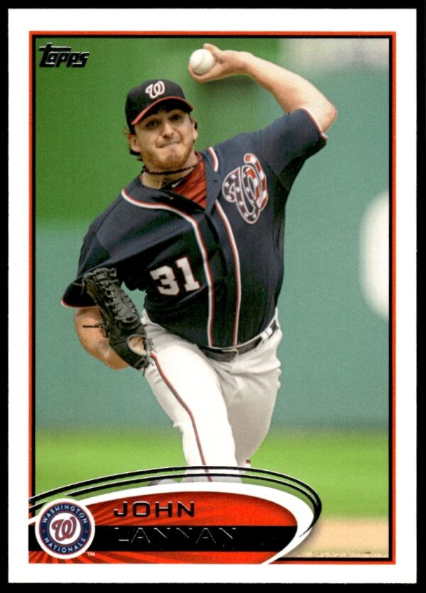 John Lannan 2012 Topps Baseball Card #186, Washington Nationals Pitcher in Action.