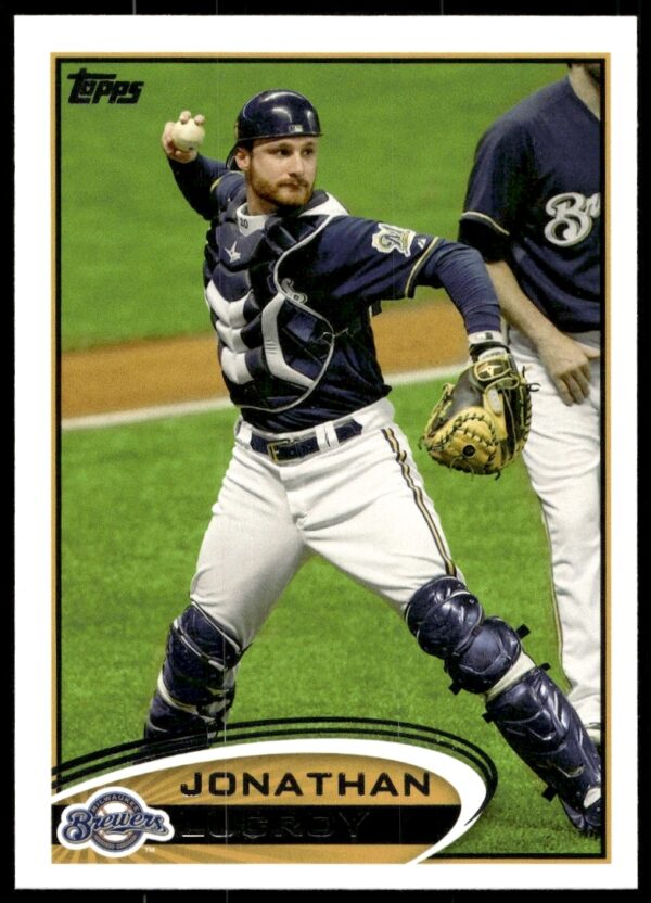 Jonathan Lucroy 2012 Topps Baseball Card #395, Milwaukee Brewers Catcher in Defensive Stance