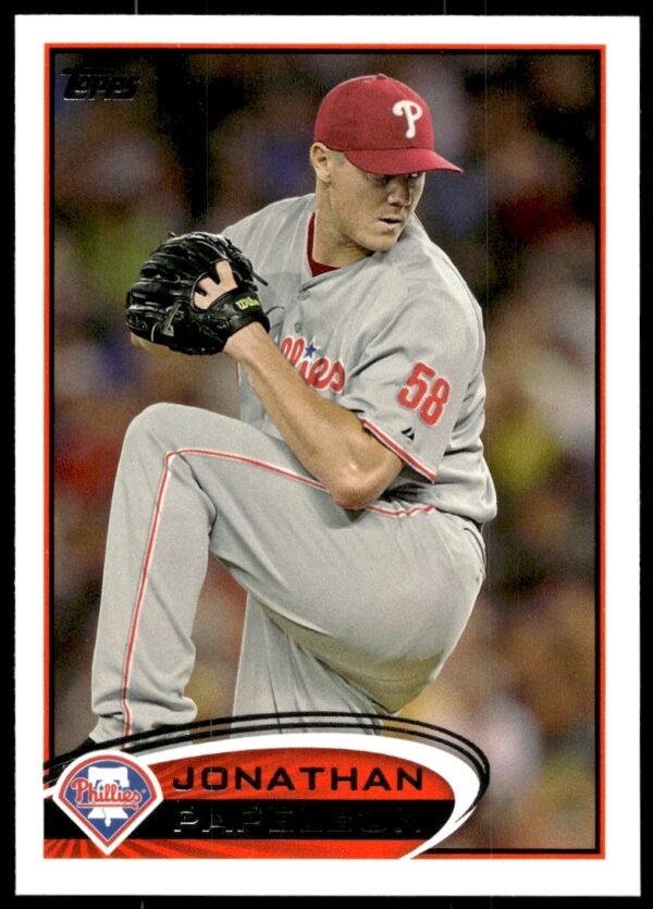 2012 Topps baseball card, Jonathan Papelbon pitching for Red Sox, card #345.