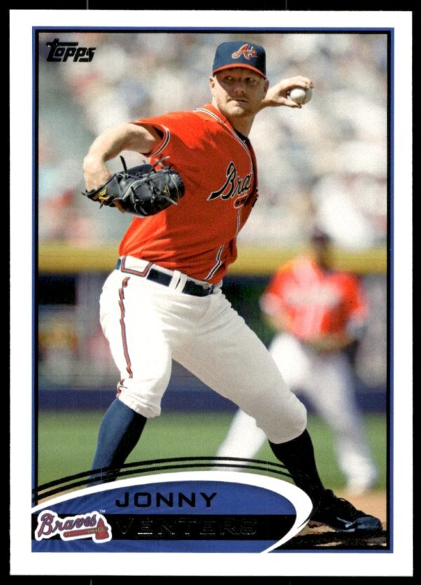 Jonny Venters 2012 Topps Baseball Card #408, Atlanta Braves Pitching Pose.