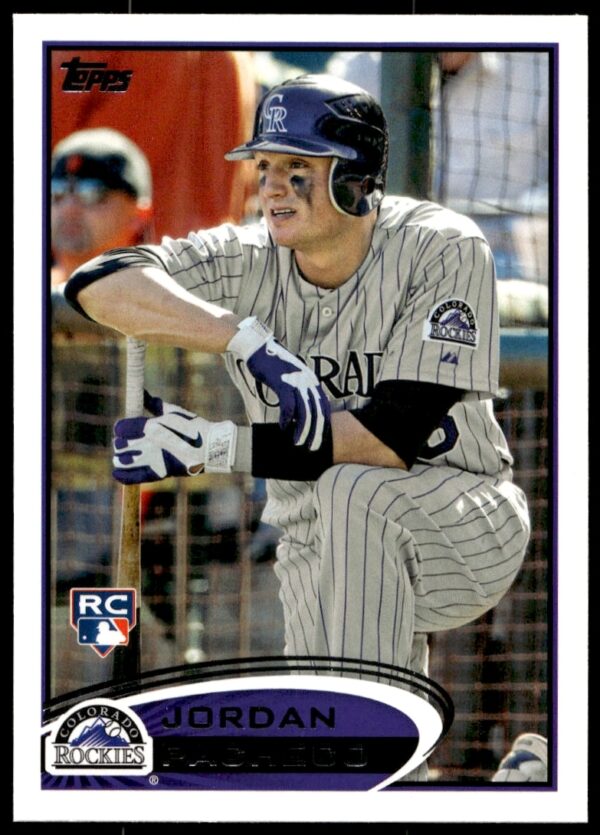 Jordan Pacheco 2012 Topps Card #219, Colorado Rockies, mid-game action shot.