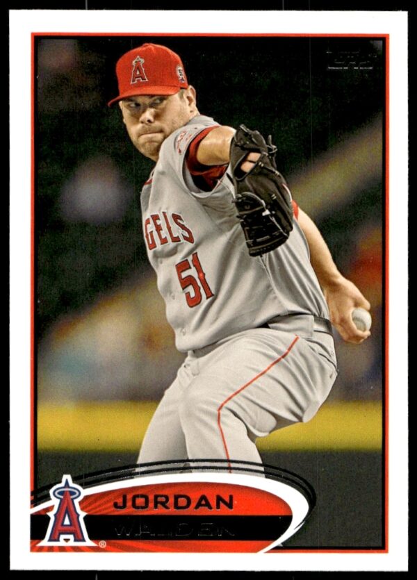 Baseball card of pitcher Jordan Walden mid-pitch, 2012 Topps #653, vivid stadium backdrop.