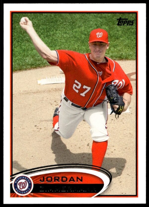 Jordan Zimmermann pitching on 2012 Topps card #75 in Nationals uniform.