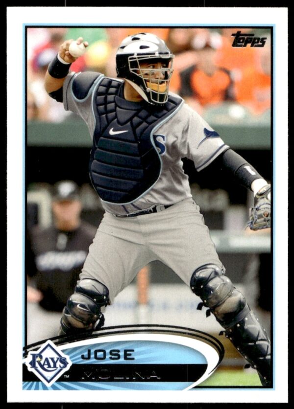 Front of 2012 Topps Baseball Card #366 featuring Jose Molina in action mode.