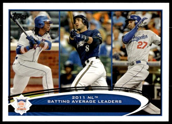 2012 Topps card #181: Jose Reyes, Ryan Braun, Matt Kemp in action.