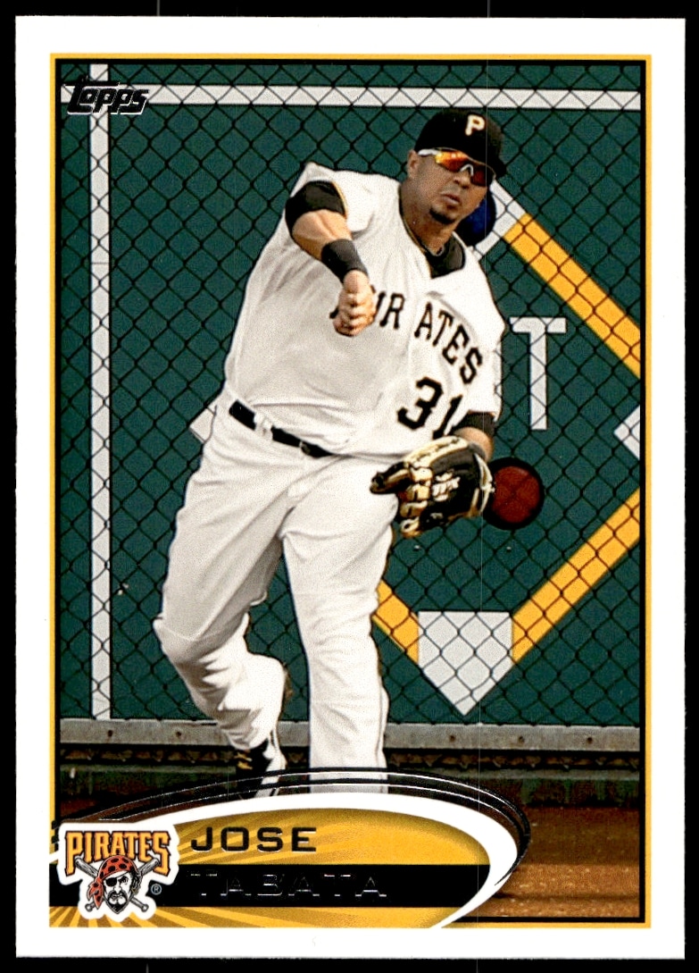 Pittsburgh Pirates Jose Tabata 2012 Topps baseball card #236, front view in action.