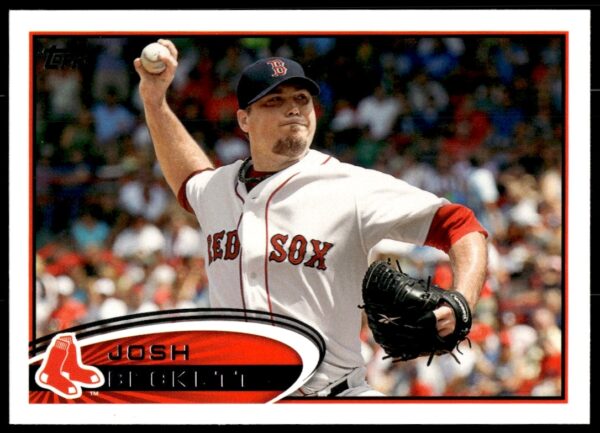 Josh Beckett pitching, 2012 Topps baseball card #648, Boston Red Sox uniform.