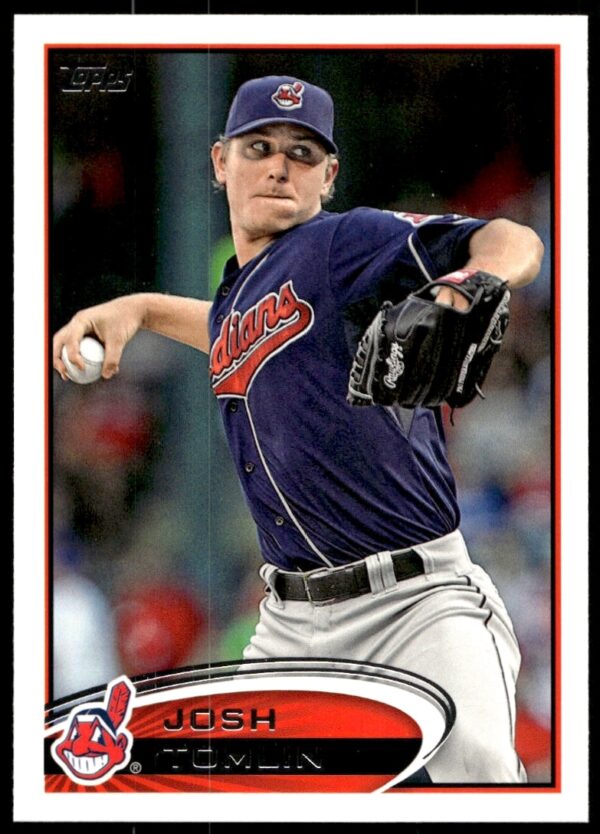 Josh Tomlin pitching, 2012 Topps #583, Cleveland Indians uniform, dynamic action shot.