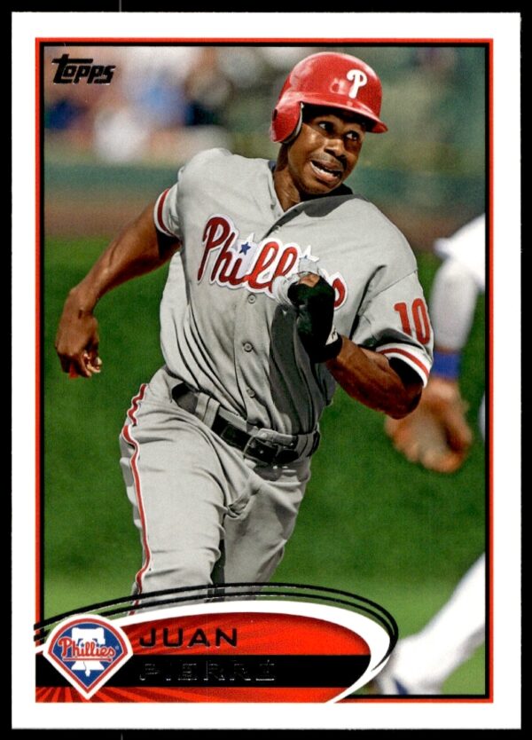 Front of 2012 Topps baseball card #658 featuring Juan Pierre in action.