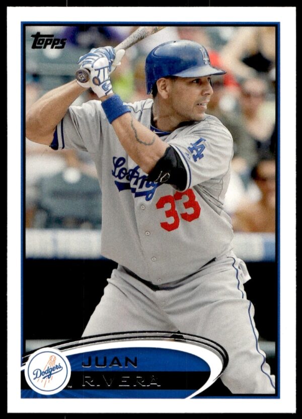 2012 Topps Juan Rivera Dodgers Baseball Card #406, featuring dynamic game action.