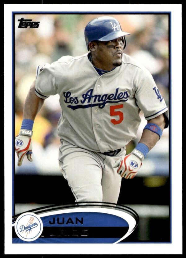 Juan Uribe 2012 Topps Baseball Card #438, Los Angeles Dodgers uniform, action shot.