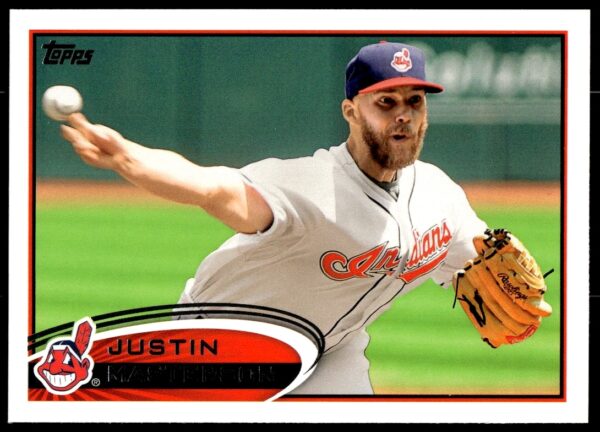 Justin Masterson 2012 Topps Baseball Card #205, Cleveland Indians pitcher in action.