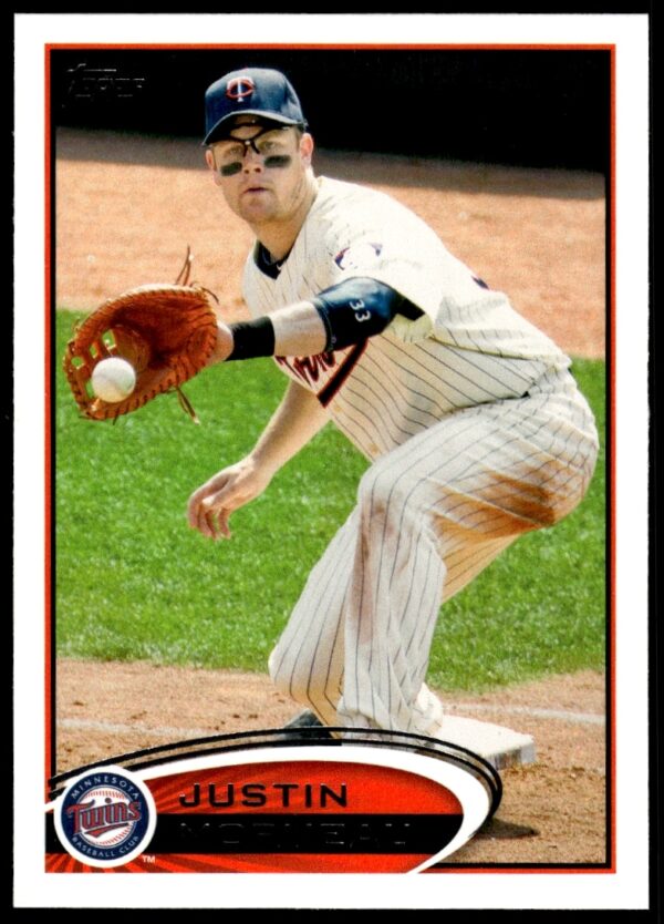 2012 Topps baseball card featuring Justin Morneau in action, card number 230, Minnesota Twins.