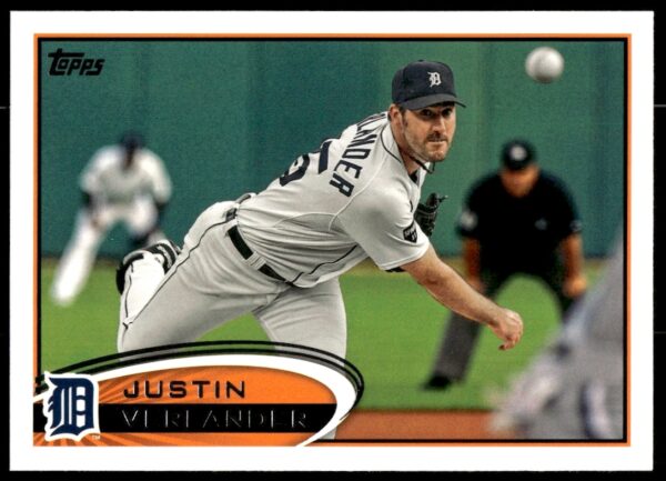 Justin Verlander 2012 Topps baseball card #639, Detroit Tigers pitcher mid-pitch.