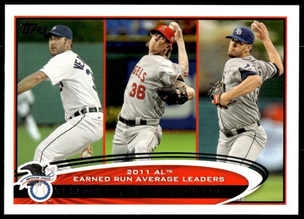 2012 Topps card featuring star pitchers Justin Verlander, Jered Weaver, and James Shields.