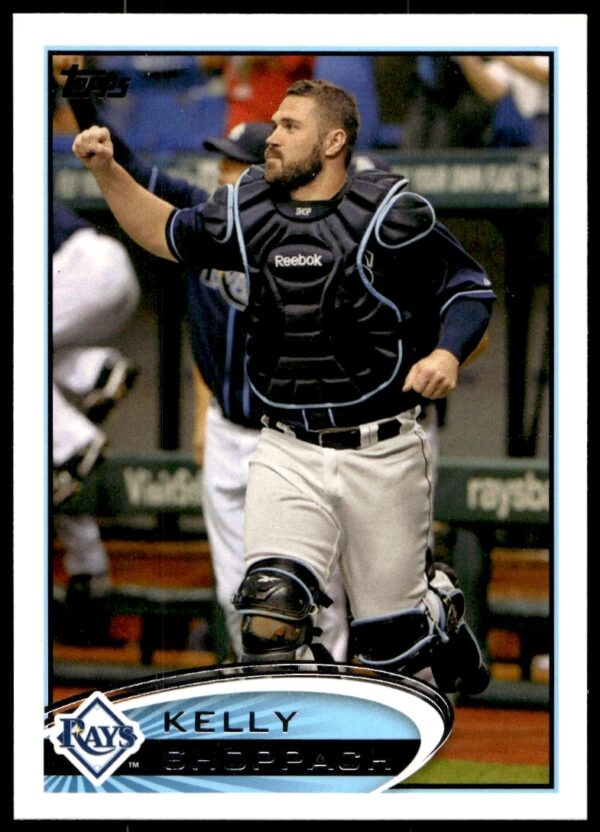 2012 Topps #193 Kelly Shoppach baseball card, showing action shot in Rays uniform.