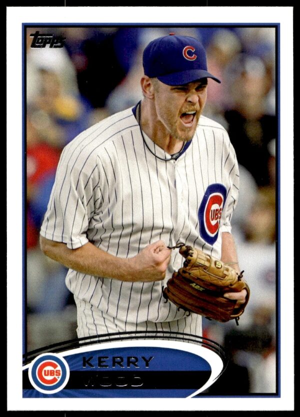 2012 Topps Baseball Card #574 of Kerry Wood pitching for the Chicago Cubs.