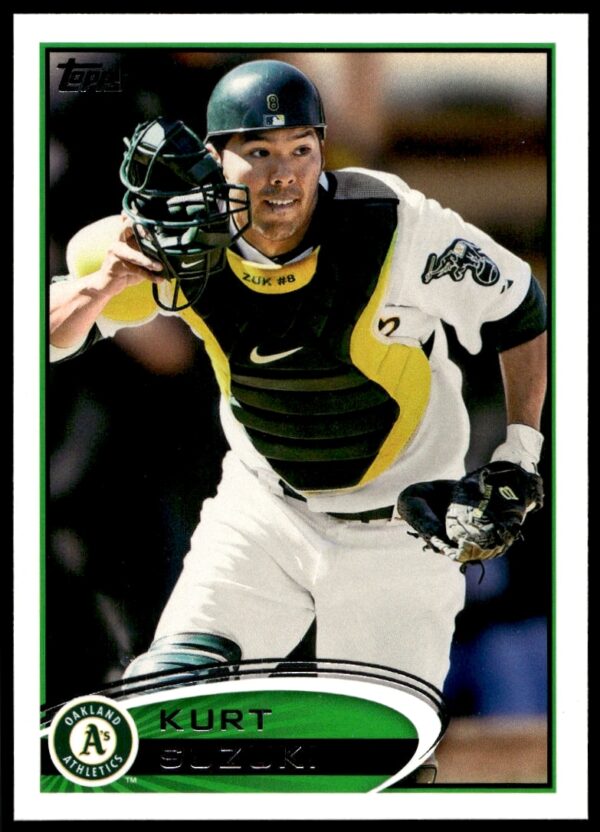 Kurt Suzuki 2012 Oakland Athletics Topps card #309, baseball action pose.
