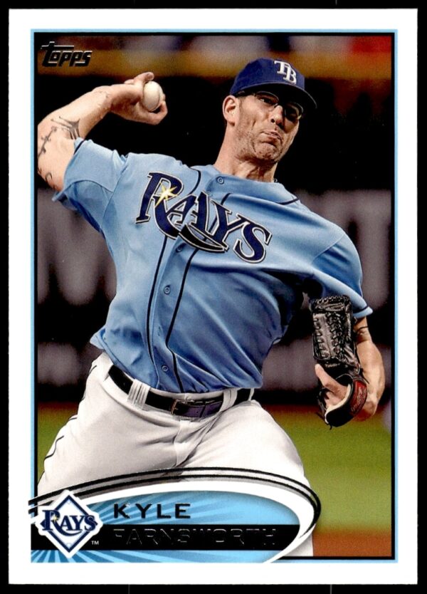 2012 Topps card featuring Kyle Farnsworth in Rays uniform, showing pitching stance.