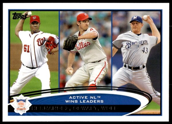 2012 Topps Baseball Card featuring MLB pitchers Hernandez, Oswalt, and Wolf, card #29.
