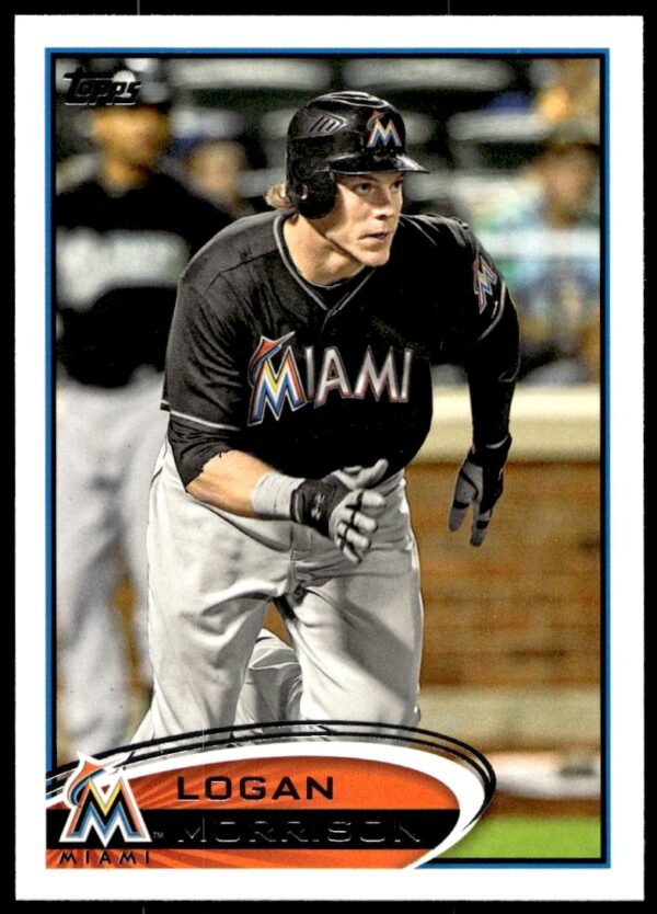2012 Topps Logan Morrison Baseball Card #630 featuring Miami Marlins uniform and batting stance.