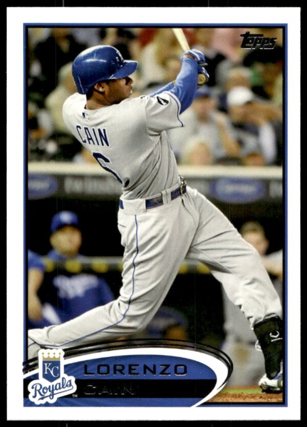 Lorenzo Cain 2012 Topps card #609, Kansas City Royals action shot, stadium backdrop.