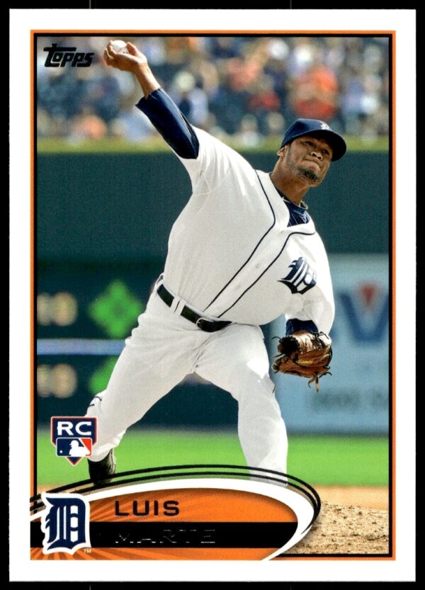 Rare 2012 Topps #615 Luis Marte card, Detroit Tigers dynamic action pose.