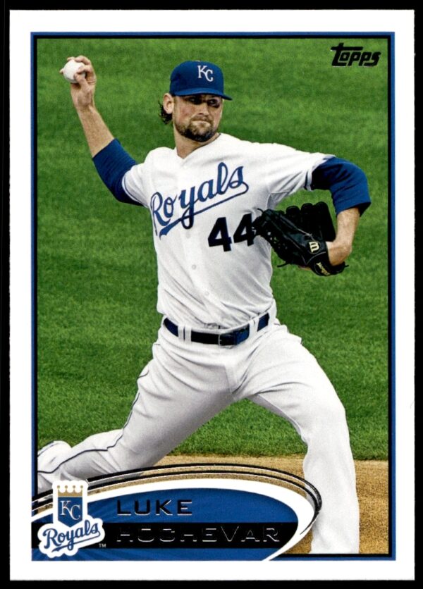 Luke Hochevar pitching on 2012 Topps Baseball Card #47, Kansas City Royals.