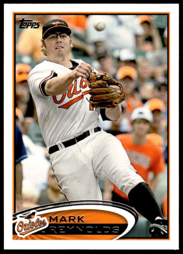 Mark Reynolds 2012 Topps card #208, Baltimore Orioles, in-game action, holding bat.