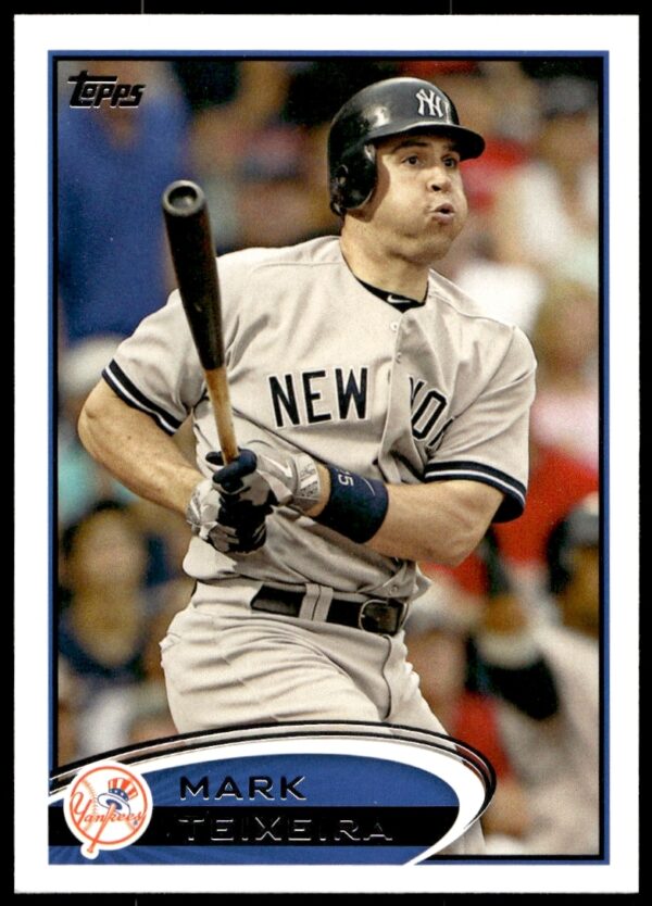 2012 Topps baseball card of Mark Teixeira in Yankees uniform, ready to hit.