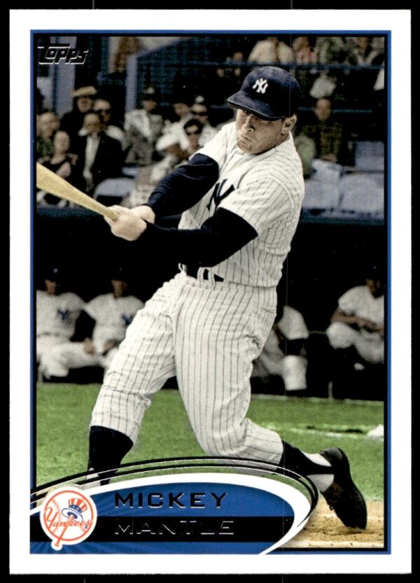 Iconic 2012 Topps Mickey Mantle baseball card front featuring #7 in classic Yankees stance.