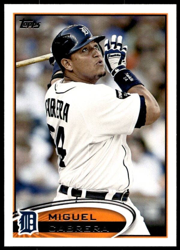 Miguel Cabrera 2012 Topps card #200, Detroit Tigers, mid-swing, vibrant action shot.