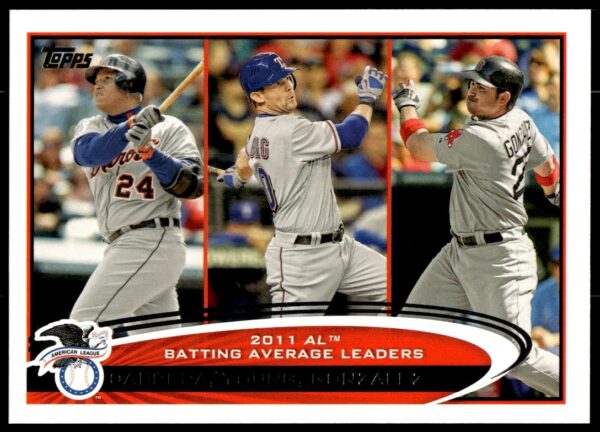 Front of 2012 Topps card with MLB stars Cabrera, Young, and Gonzalez.