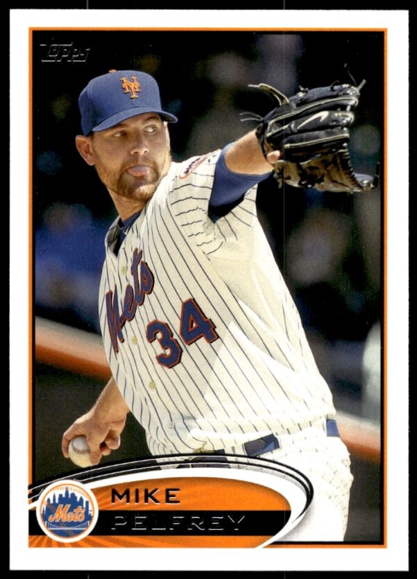2012 Topps Mike Pelfrey card #214 depicts him pitching for the New York Mets.