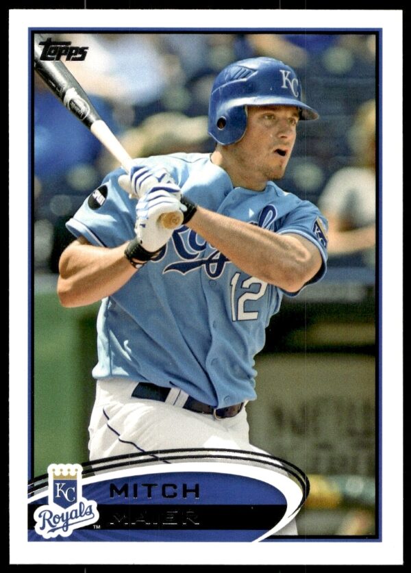 Mitch Maier 2012 Topps Baseball Card #474, Kansas City Royals, dynamic action shot.