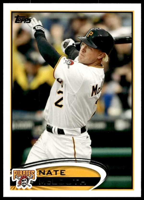 Nate McLouth 2012 Topps card #433, depicts him poised to swing with intense focus.