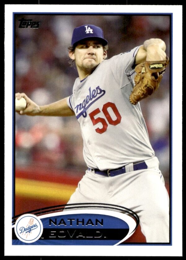 Front view of Nathan Eovaldi 2012 Topps Baseball Card #405 showing him during a game.
