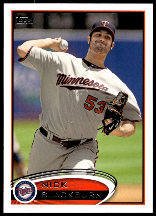 Nick Blackburn pitching, 2012 Topps Baseball Card #316, Minnesota Twins uniform.